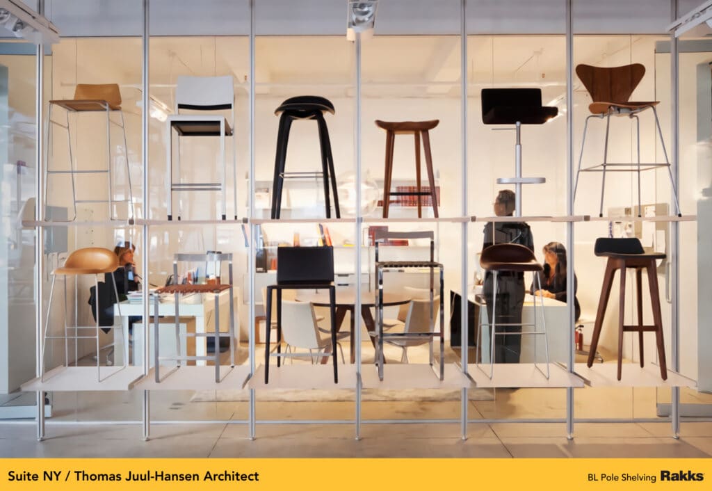 Suite NY featuring Rakks BL Pole Shelving